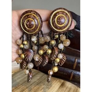 Boho Beaded Dangle Earrings‎ Brown Gold Resin Statement Clip On Earrings 4"